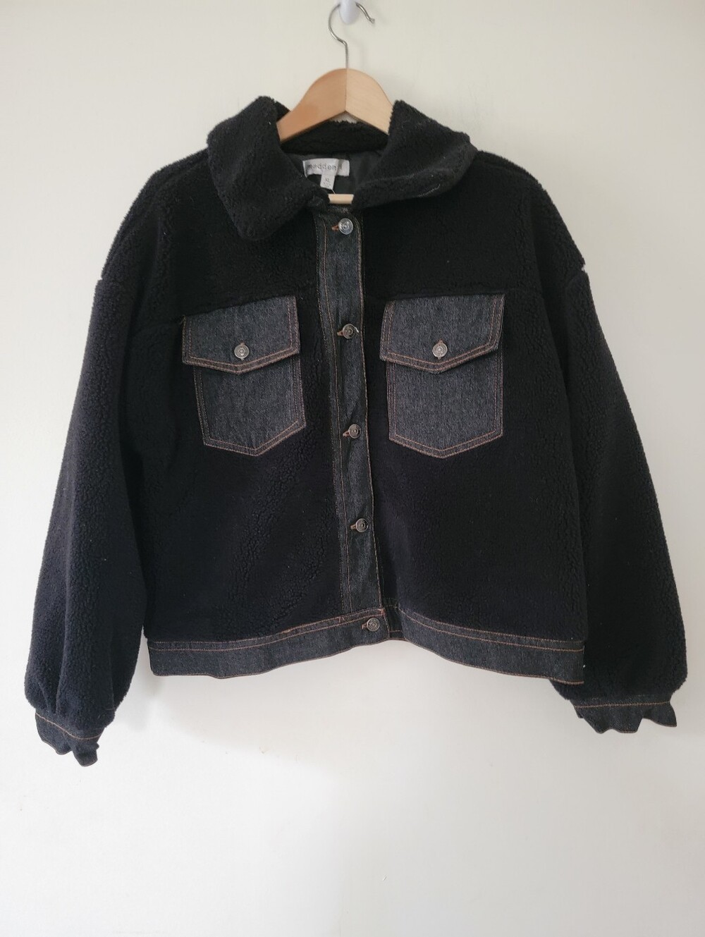 Steve Madden Girl Black Sherpa Jacket with Dark Denim Accents